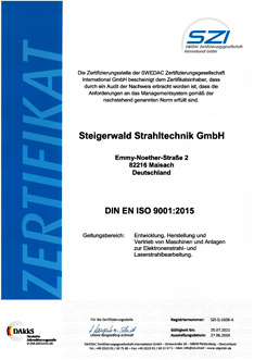 Steigerwald Strahltechnik ist zertifiziert nach DIN EN ISO 9001:2015
